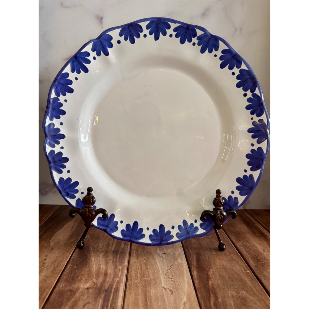 Vintage Italian Ceramic Serving Plate Blue White Hand Painted Scalloped 13 Inch